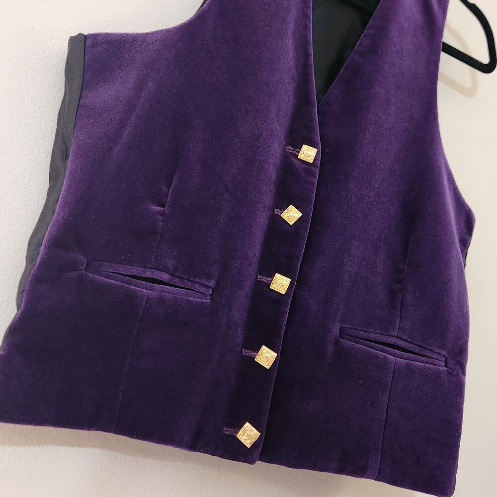 Vintage Prince Charlie Purple Velvet Straight Hem Gold Buttoned Waistcoast Vest - Picture 8 of 12